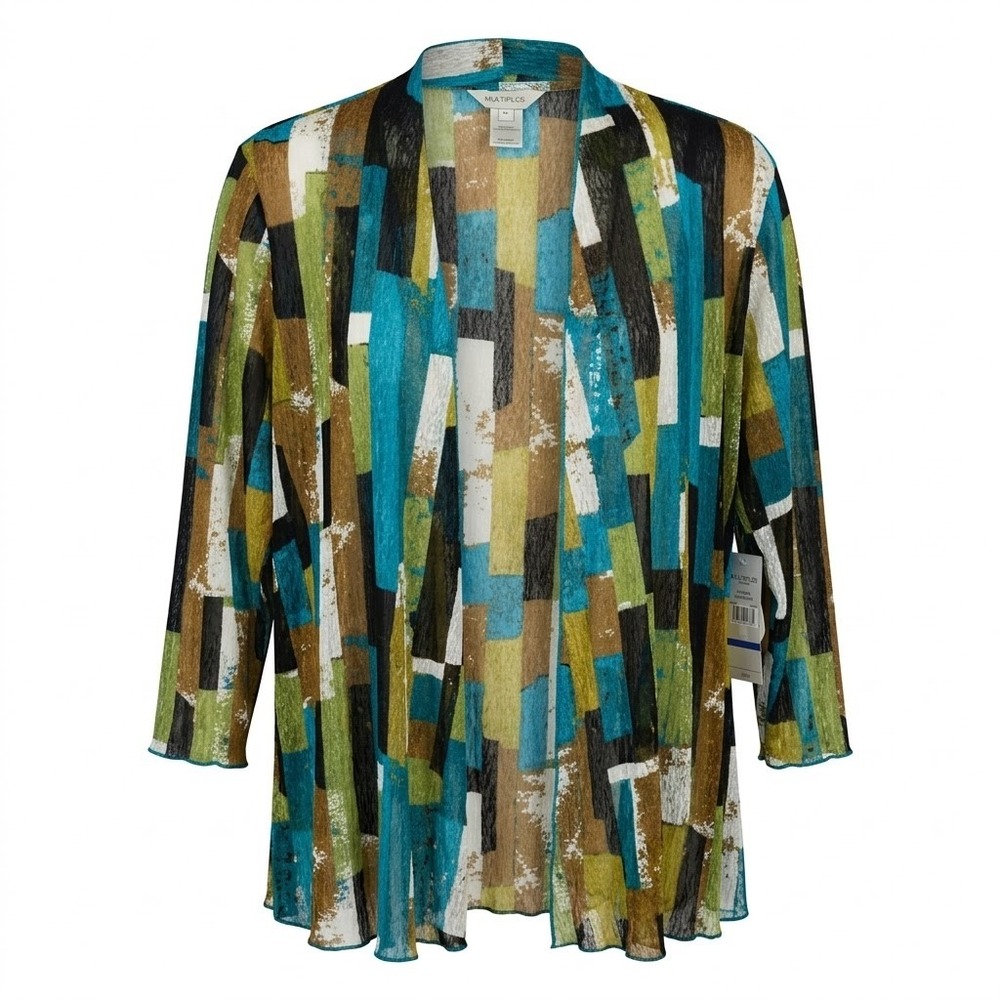 NEW‎ Multiples Essentials XL Geometric Open Front Cardigan Blue Green Semi Sheer